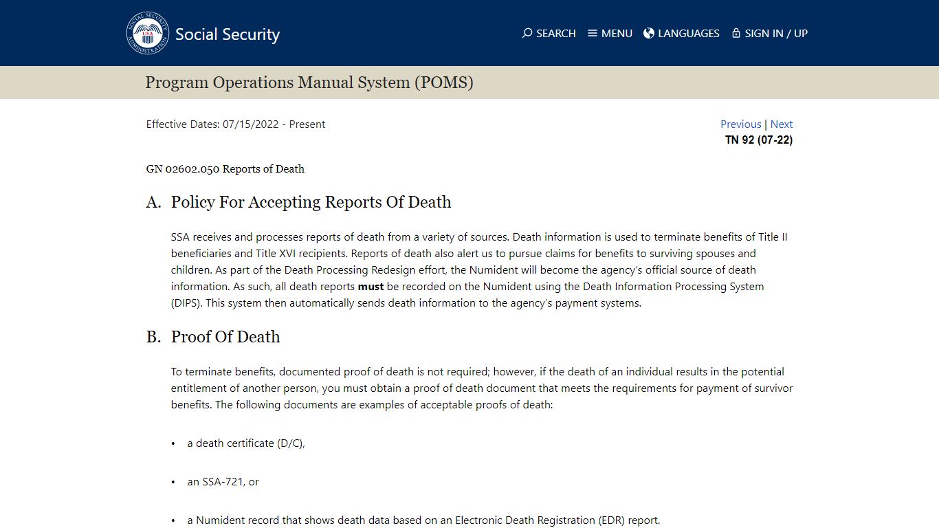 GN 02602.050 Reports of Death - Social Security Administration